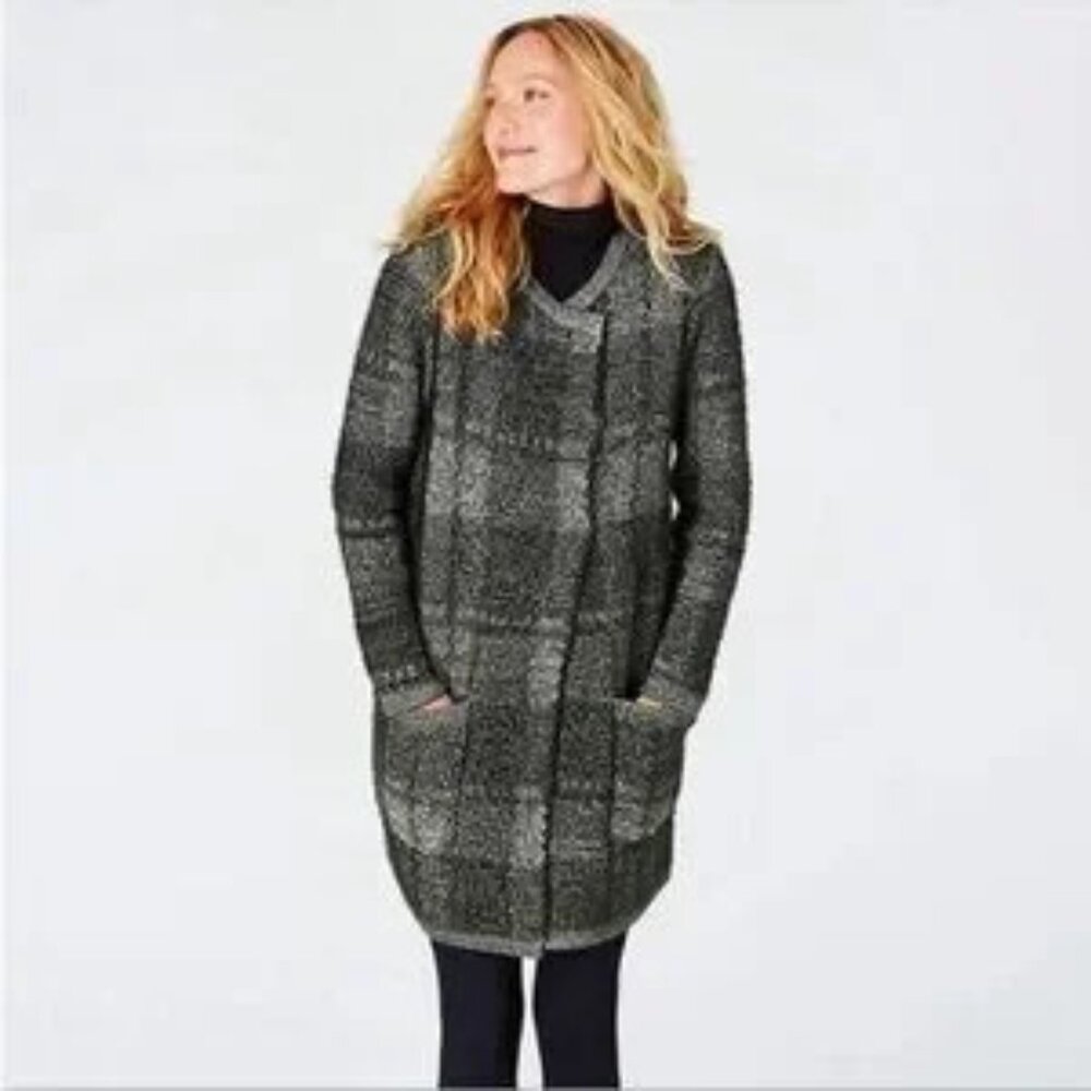J.Jill L Windowpane Long Sweater Jacket Patch Pockets Black Gray Thick Heavy